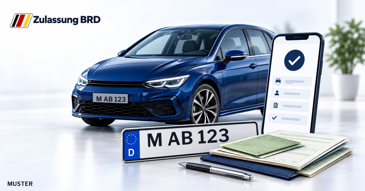 Online Fahrzeugzulassung in Höhenkirchen-Siegertsbrunn: Musterkennzeichen M AB 123, Auto und Fahrzeugpapiere und Smartphone. Illustration mit Logo von Zulassung BRD.